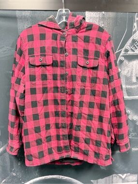 L.L. Bean Plaid Button Up fleece jacket with hood Mens Large